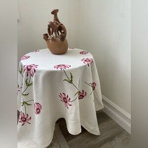 100% French Linen Floral Hand Embroidered Tablecloth White and Pink Clematis